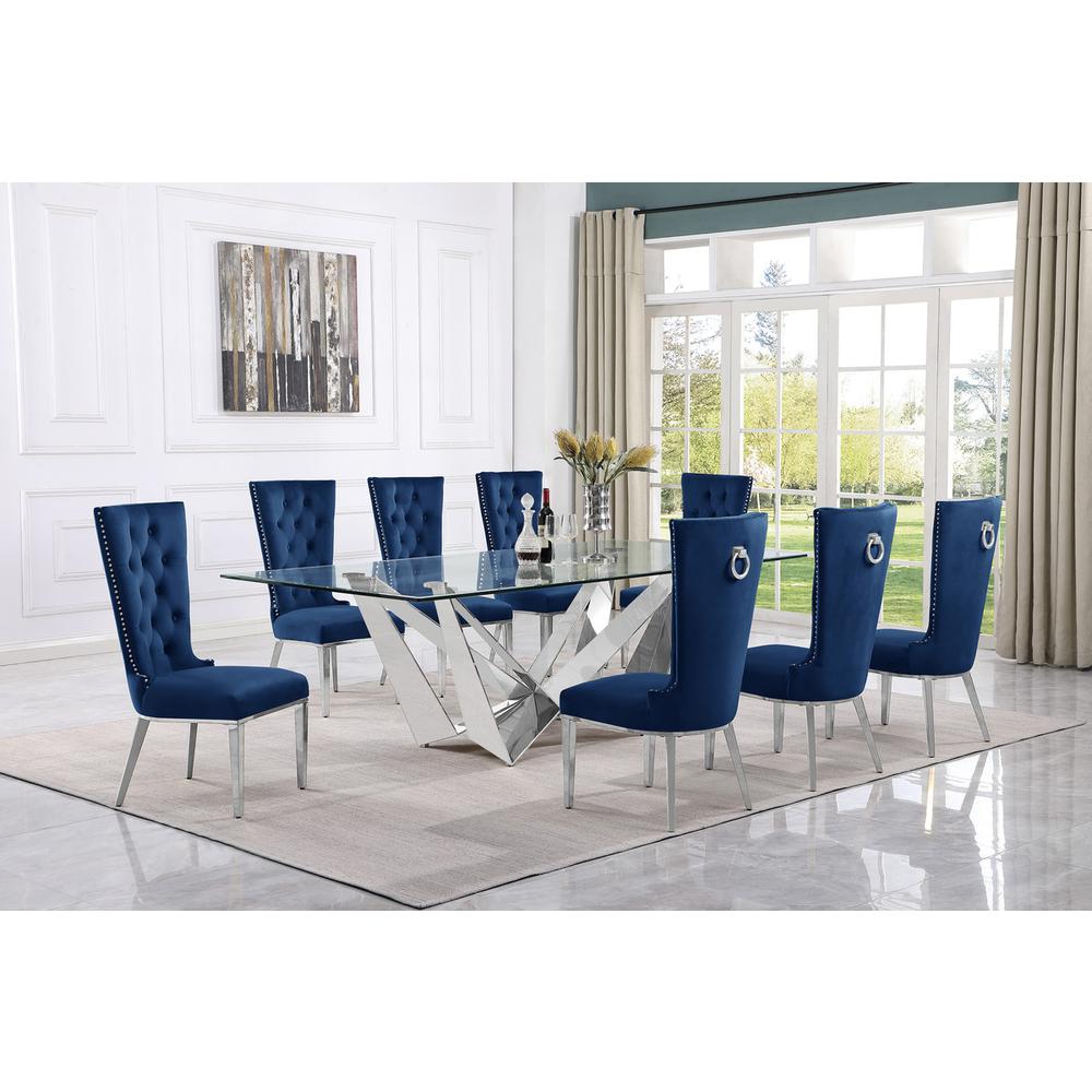 9pc Large(94″) glass top dining set with silver base and 8 Navy blue side chairs