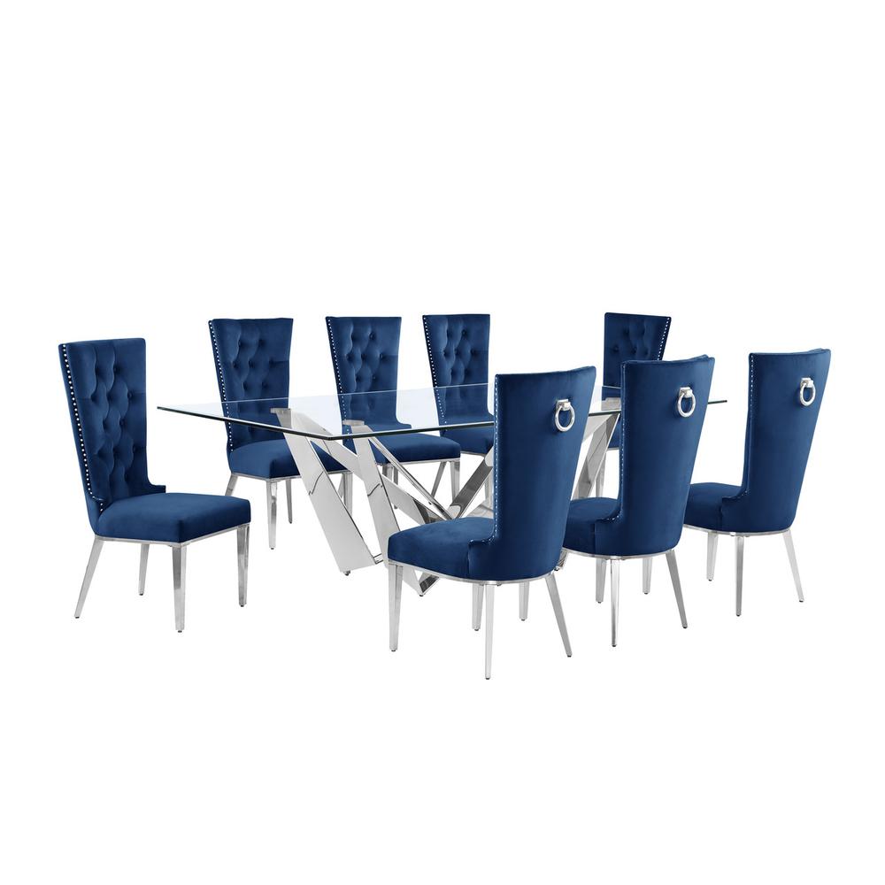 9pc Large(94″) glass top dining set with silver base and 8 Navy blue side chairs