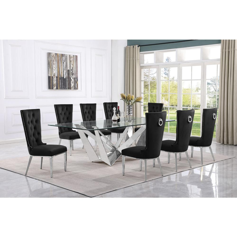9pc Large(94″) glass top dining set with silver base and 8 Black side chairs