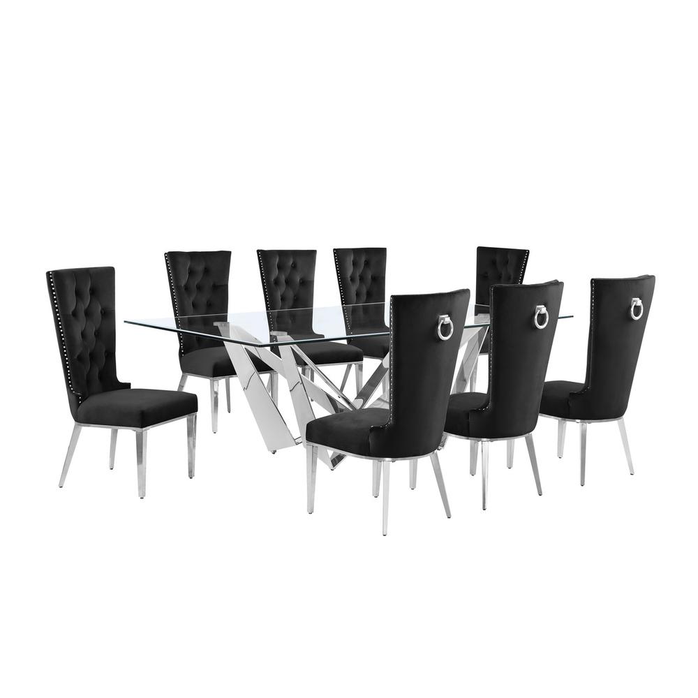 9pc Large(94″) glass top dining set with silver base and 8 Black side chairs