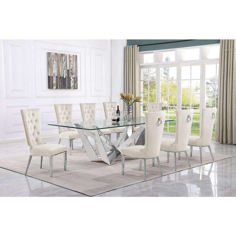 9pc Large(94″) glass top dining set with silver base and 8 Cream side chairs