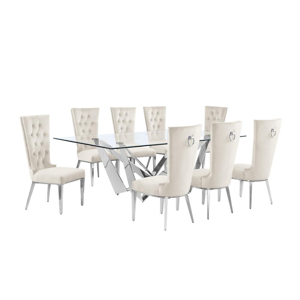 9pc Large(94″) glass top dining set with silver base and 8 Cream side chairs