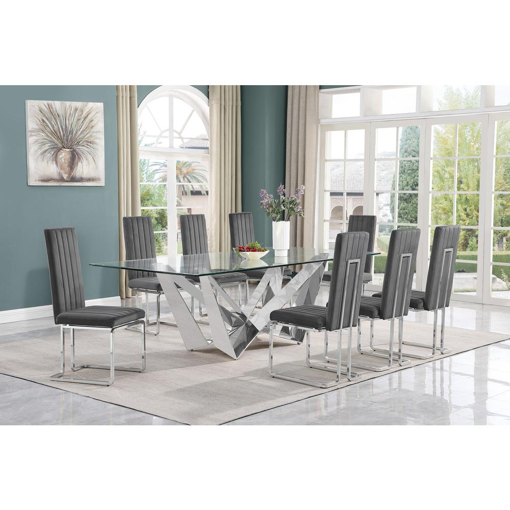 9pc Large(94″) glass top dining set with silver base and 8 Dark grey side chairs
