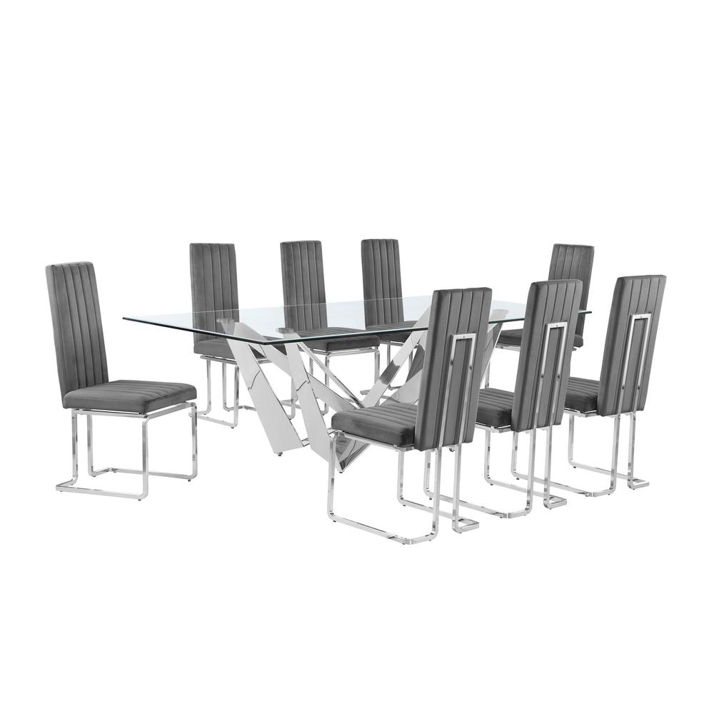 9pc Large(94″) glass top dining set with silver base and 8 Dark grey side chairs