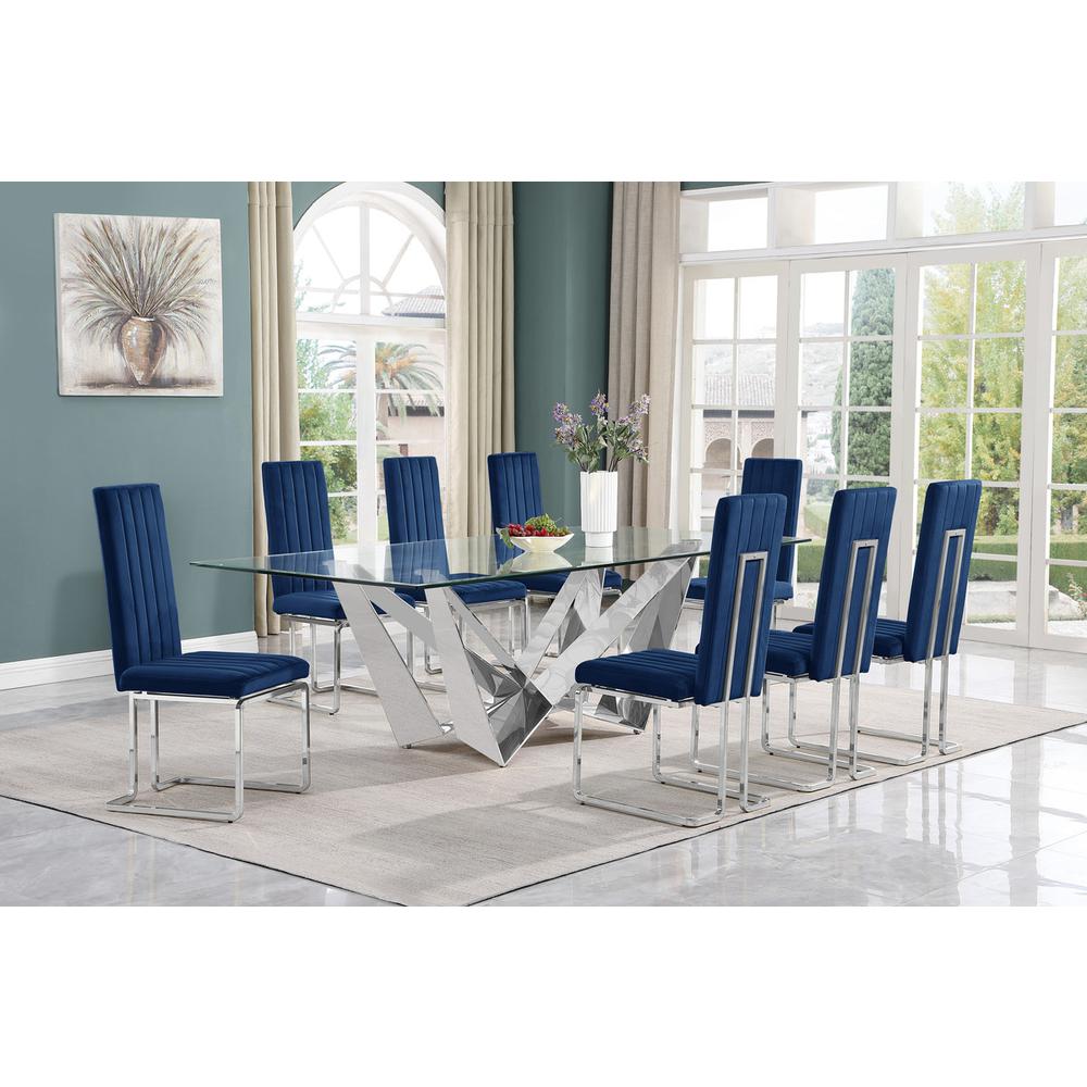 9pc Large(94″) glass top dining set with silver base and 8 Navy blue side chairs