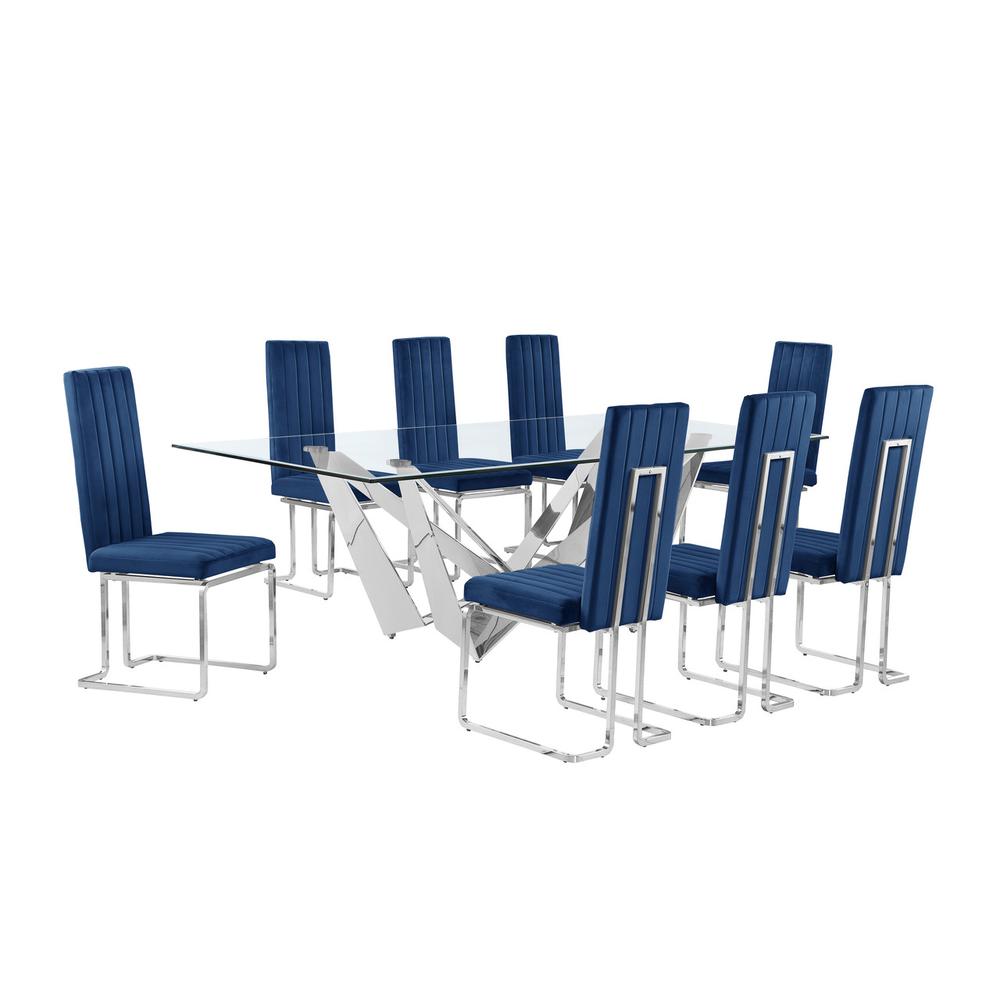 9pc Large(94″) glass top dining set with silver base and 8 Navy blue side chairs