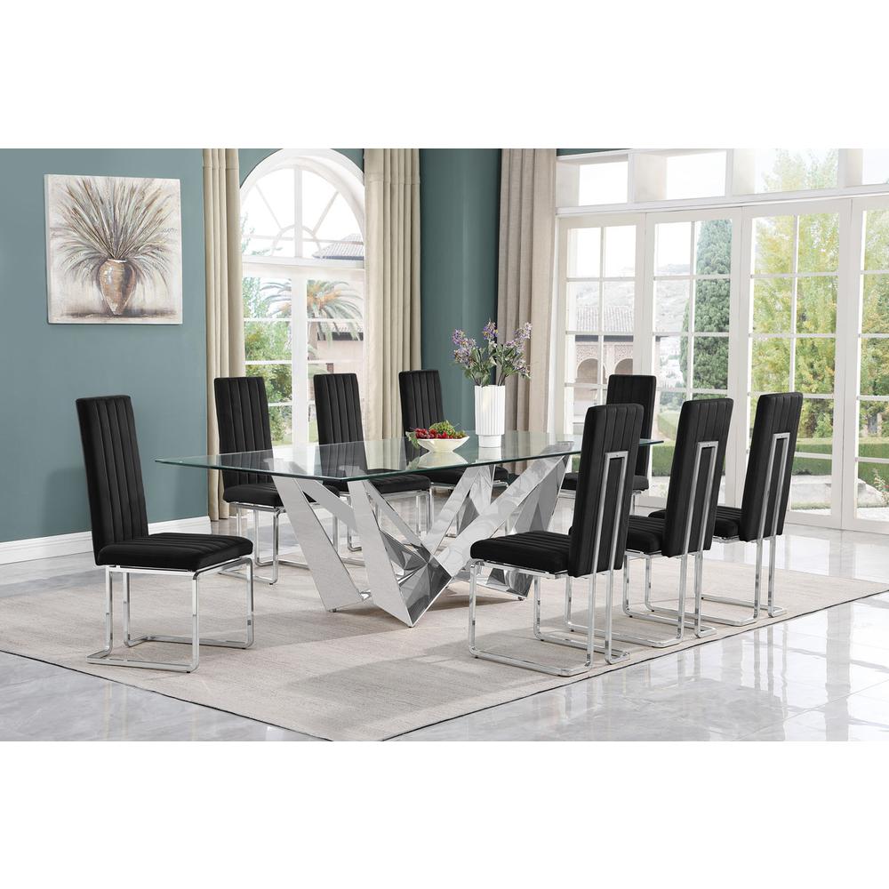 9pc Large(94″) glass top dining set with silver base and 8 Black side chairs