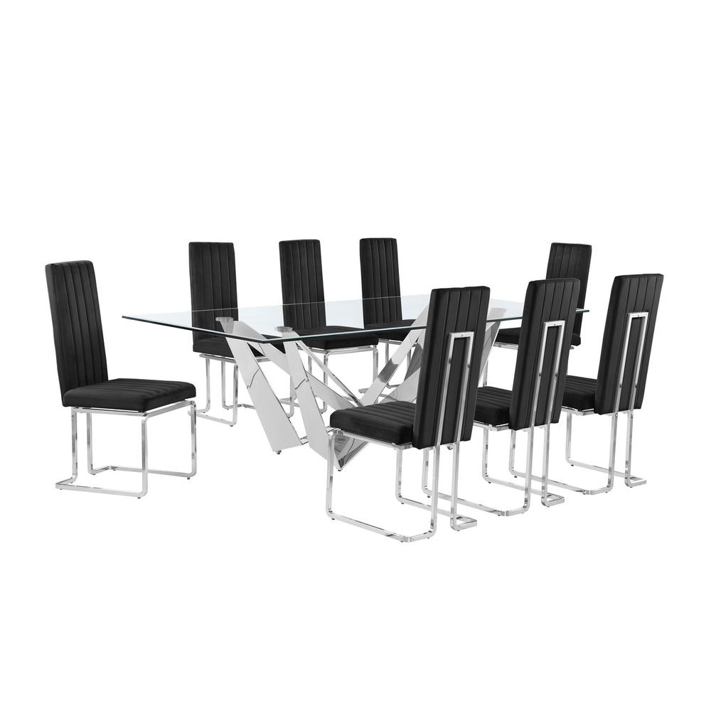 9pc Large(94″) glass top dining set with silver base and 8 Black side chairs