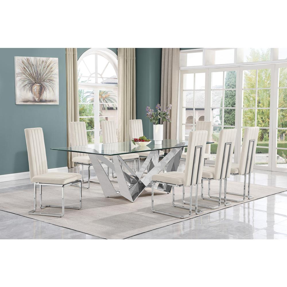 9pc Large(94″) glass top dining set with silver base and 8 Cream side chairs