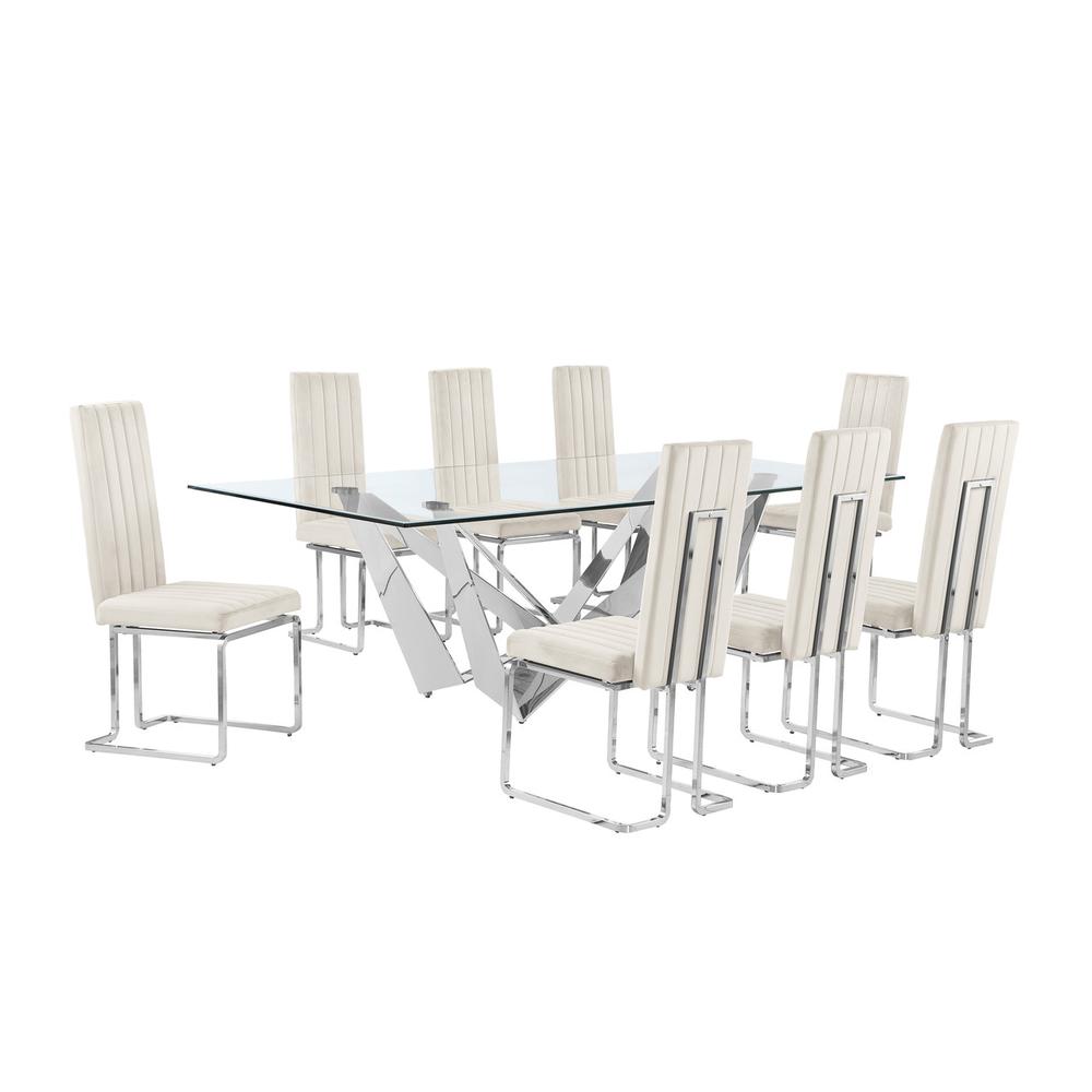 9pc Large(94″) glass top dining set with silver base and 8 Cream side chairs