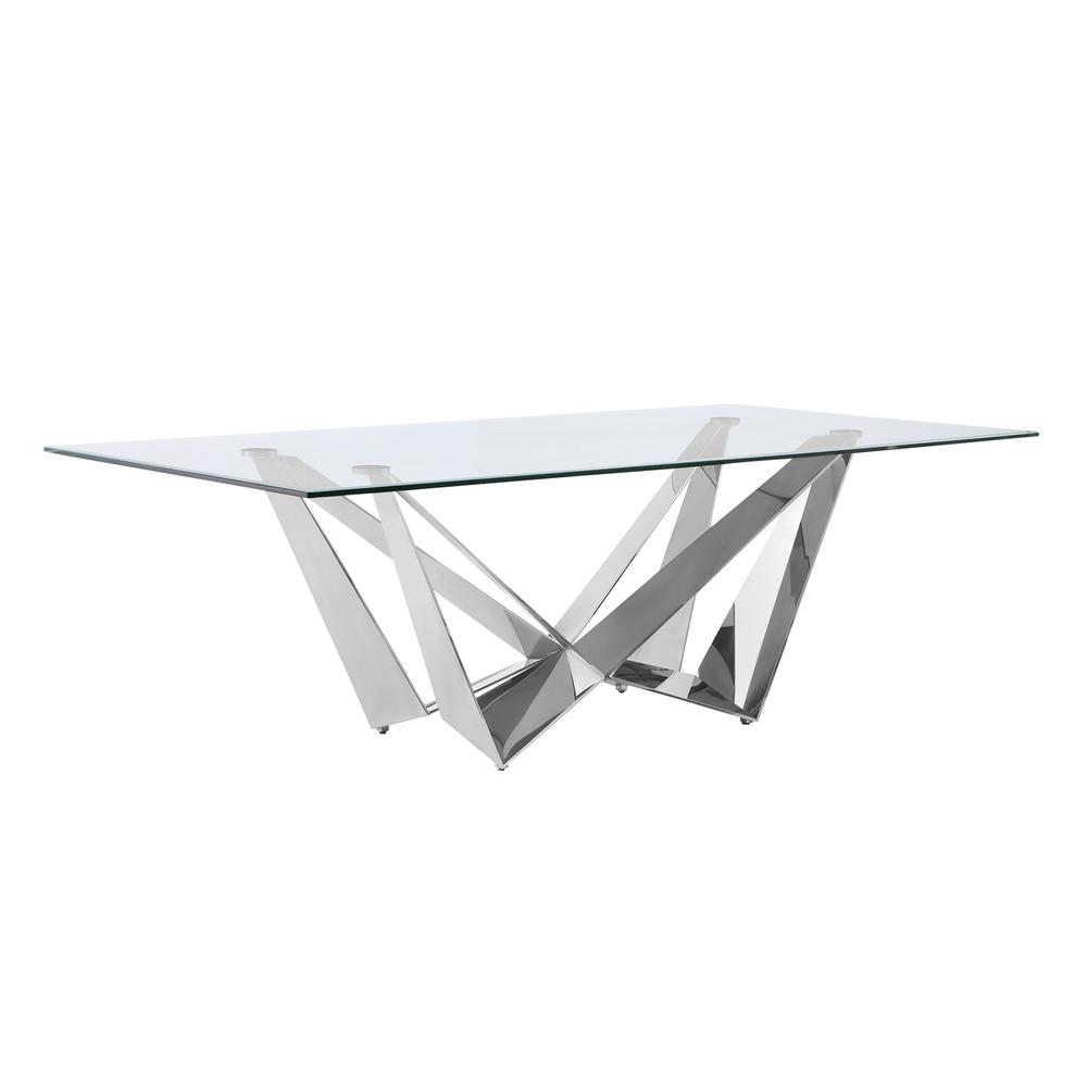 Large 94″ Rectangular glass dining table with a silver stainless steel base