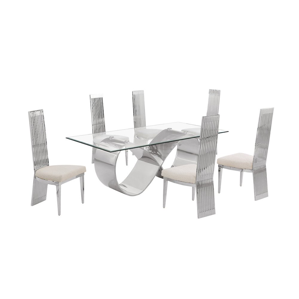 7Pc Tempered Glass Dining Set With 6 Cream Boucle Fabric Side Chairs