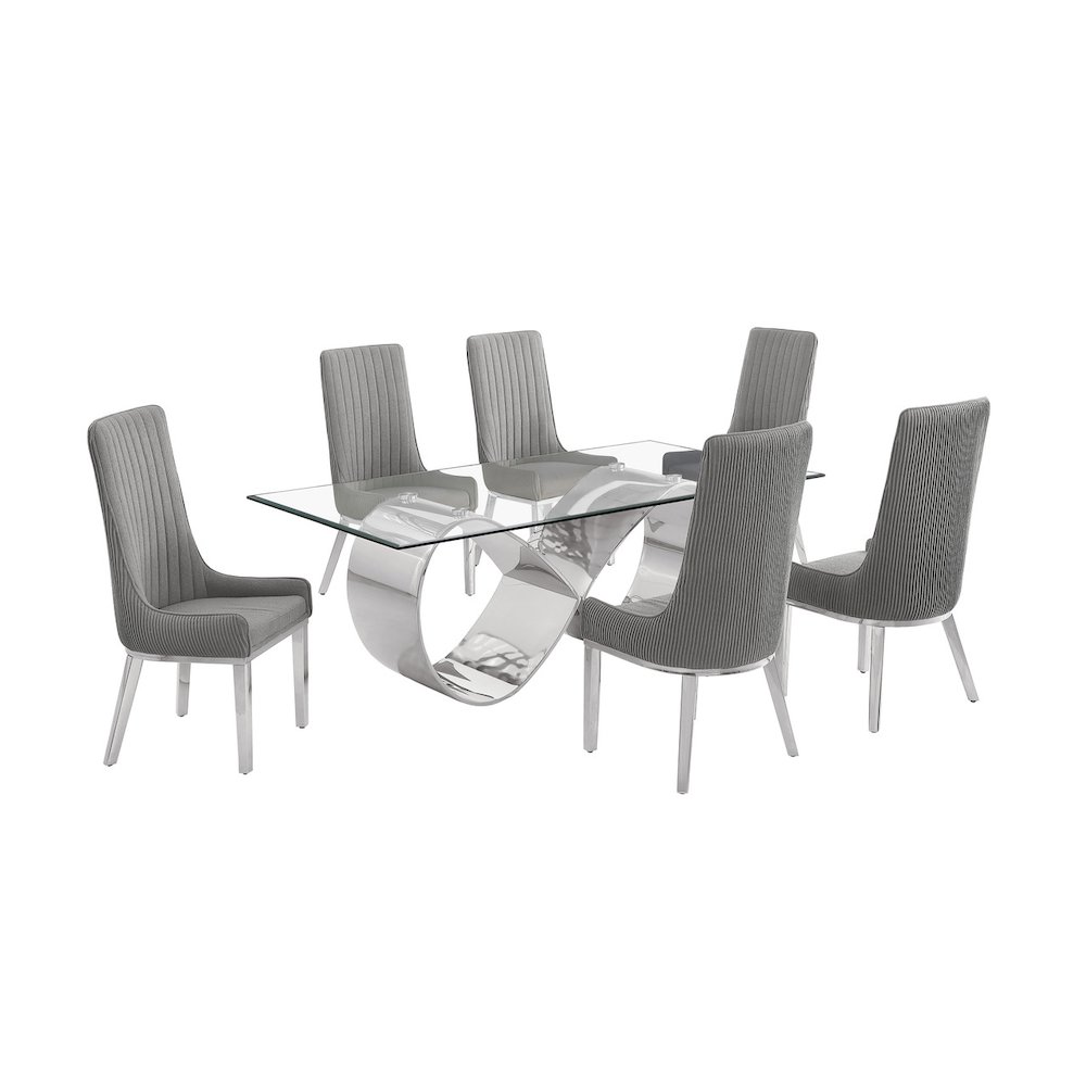 7Pc Tempered Glass Dining Set 6 Rich Gray Boucle Side Chairs And A Silver Base