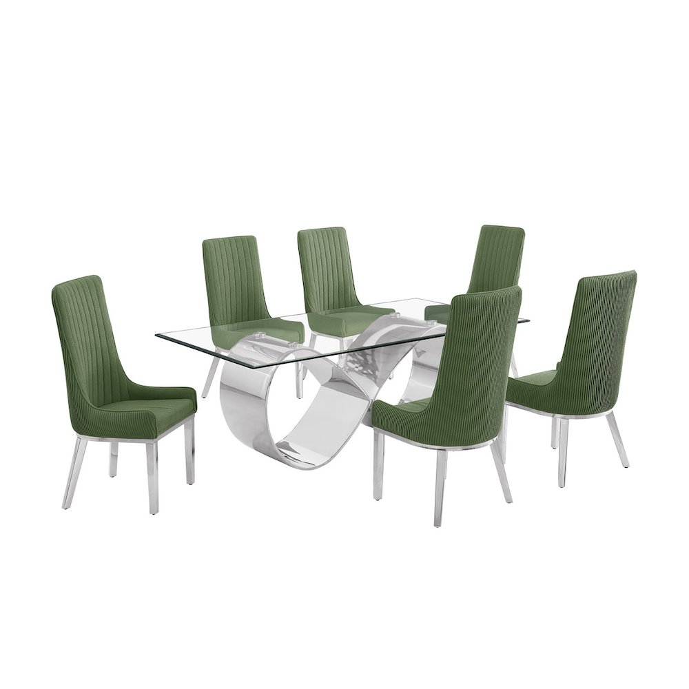 7Pc Tempered Glass Dining Set With 6 Gray Boucle Side Chairs And A Silver Base