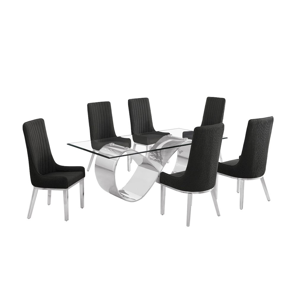 7Pc Tempered Glass Dining Set With 6 Black Boucle Side Chairs And A Silver Base