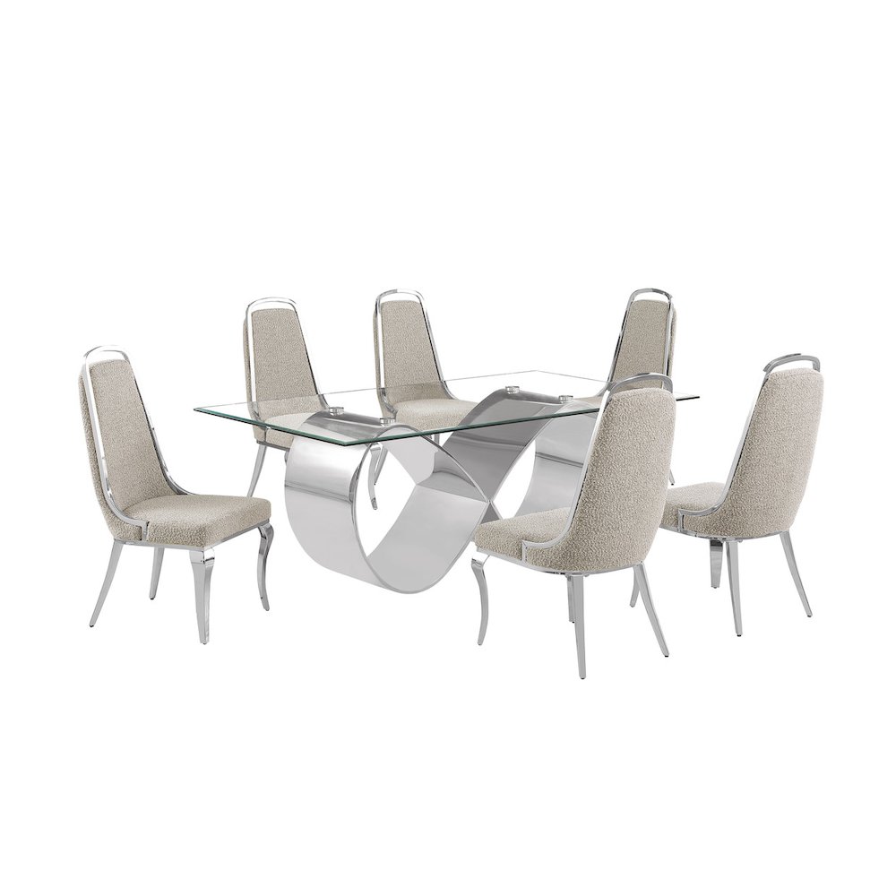 7Pc Tempered Glass Dining Set With 6 Gray Boucle Side Chairs And A Silver Base