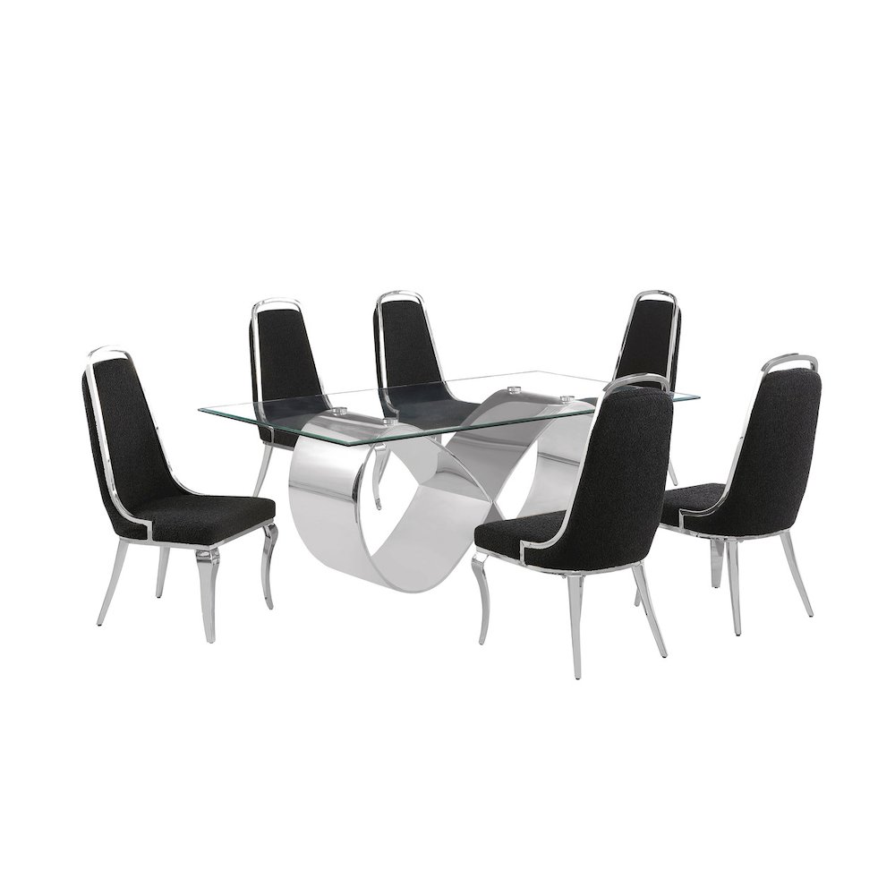 7Pc Tempered Glass Dining Set With 6 Black Boucle Side Chairs And A Silver Base