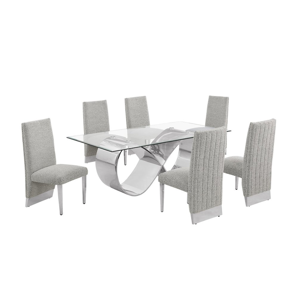 7Pc Tempered Glass Dining Set 6 Rich Gray Boucle Side Chairs And A Silver Base