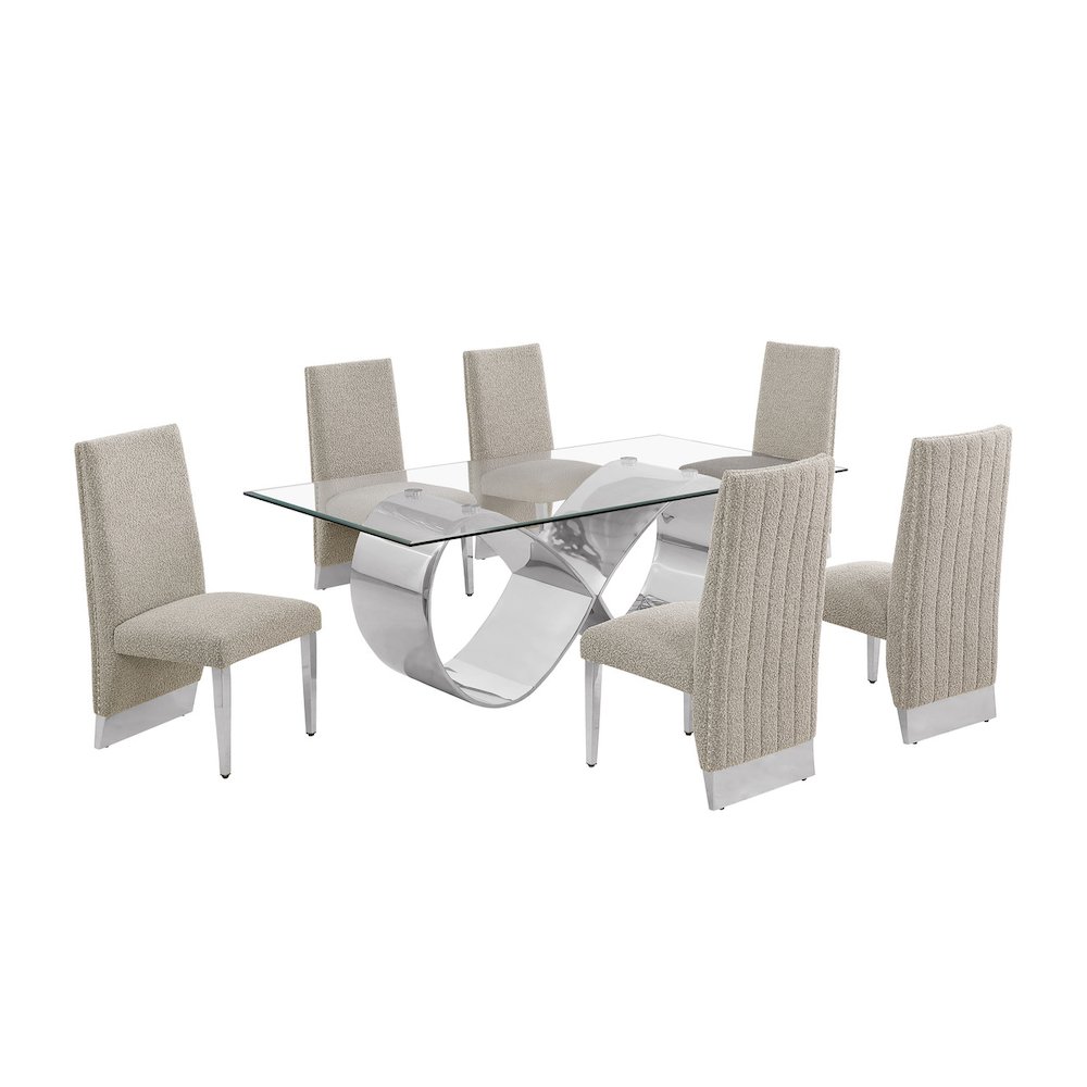 7Pc Tempered Glass Dining Set With 6 Gray Boucle Side Chairs And A Silver Base