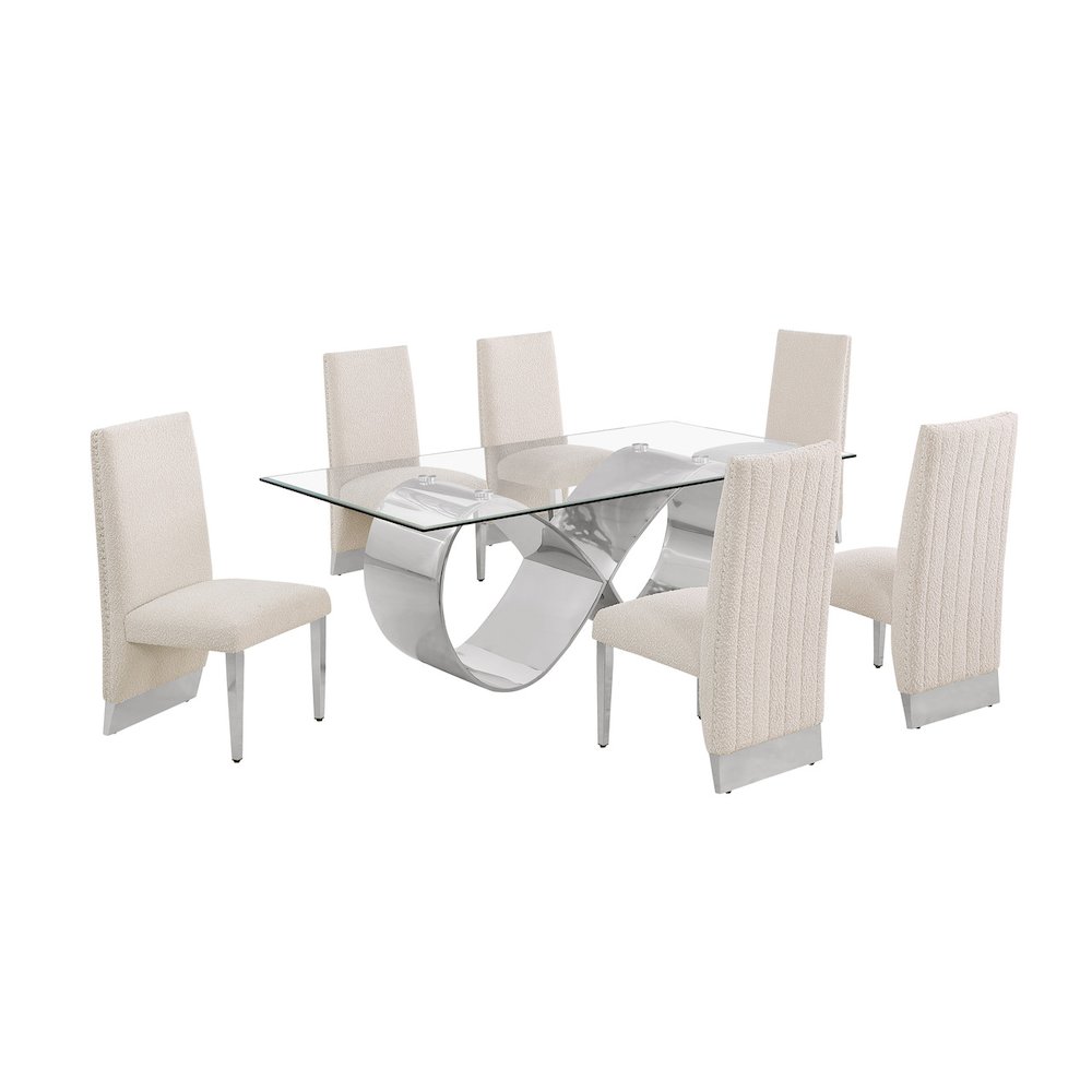 7Pc Tempered Glass Dining Set With 6 Cream Boucle Side Chairs And A Silver Base