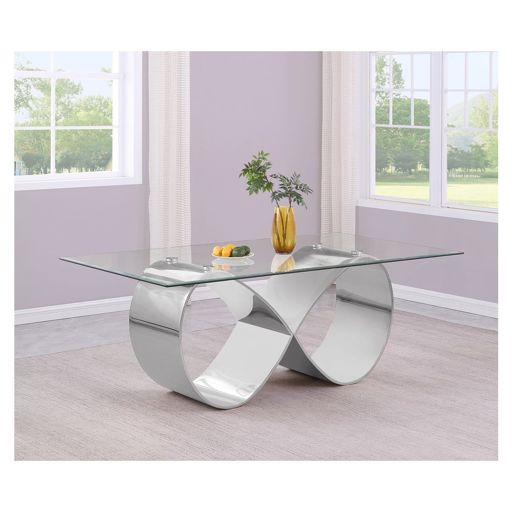 78X42 Tempered Glass Dining Table With An Infinity Silver Stainless Steel Base