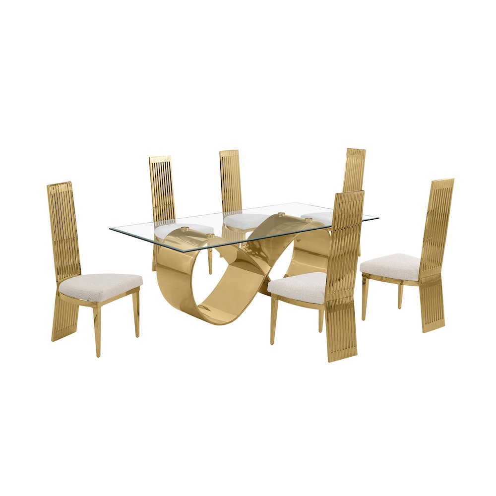 7Pc Tempered Glass Dining Set With 6 Cream Boucle Fabric Side Chairs