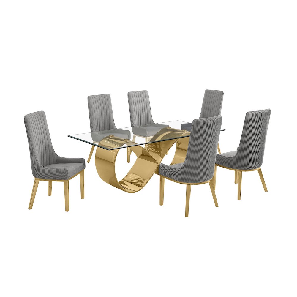 7Pc Tempered Glass Dining Set 6 Rich Gray Boucle Side Chairs And A Gold Base