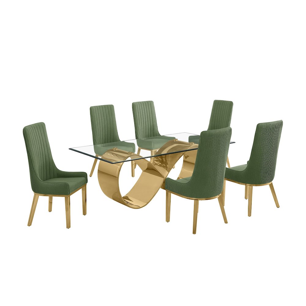7Pc Tempered Glass Dining Set With 6 Gray Boucle Side Chairs And A Gold Base
