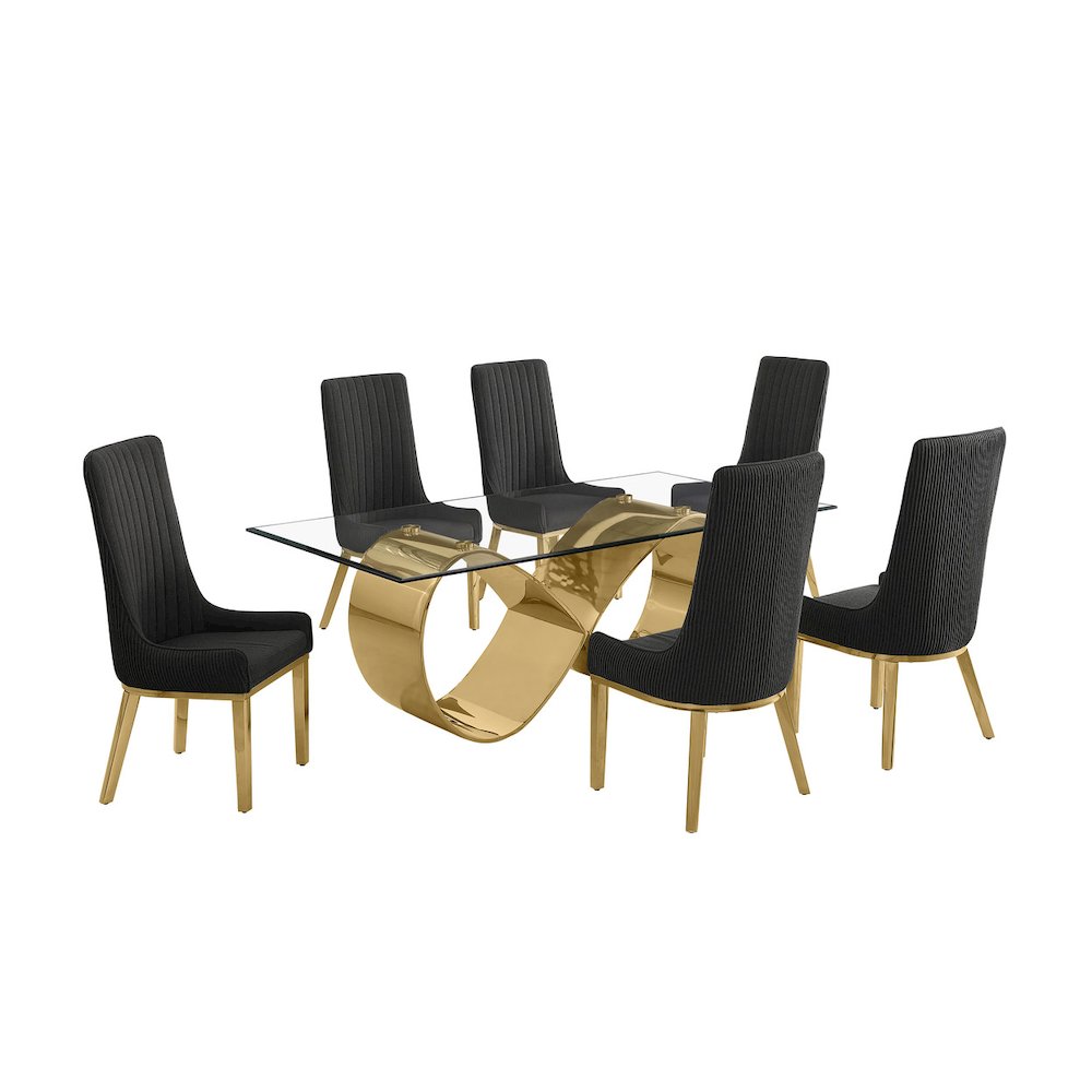 7Pc Tempered Glass Dining Set With 6 Black Boucle Side Chairs And A Gold Base