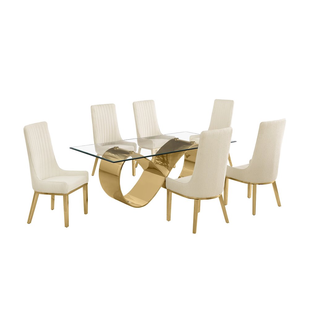 7Pc Tempered Glass Dining Set With 6 Cream Boucle Side Chairs And A Gold Base
