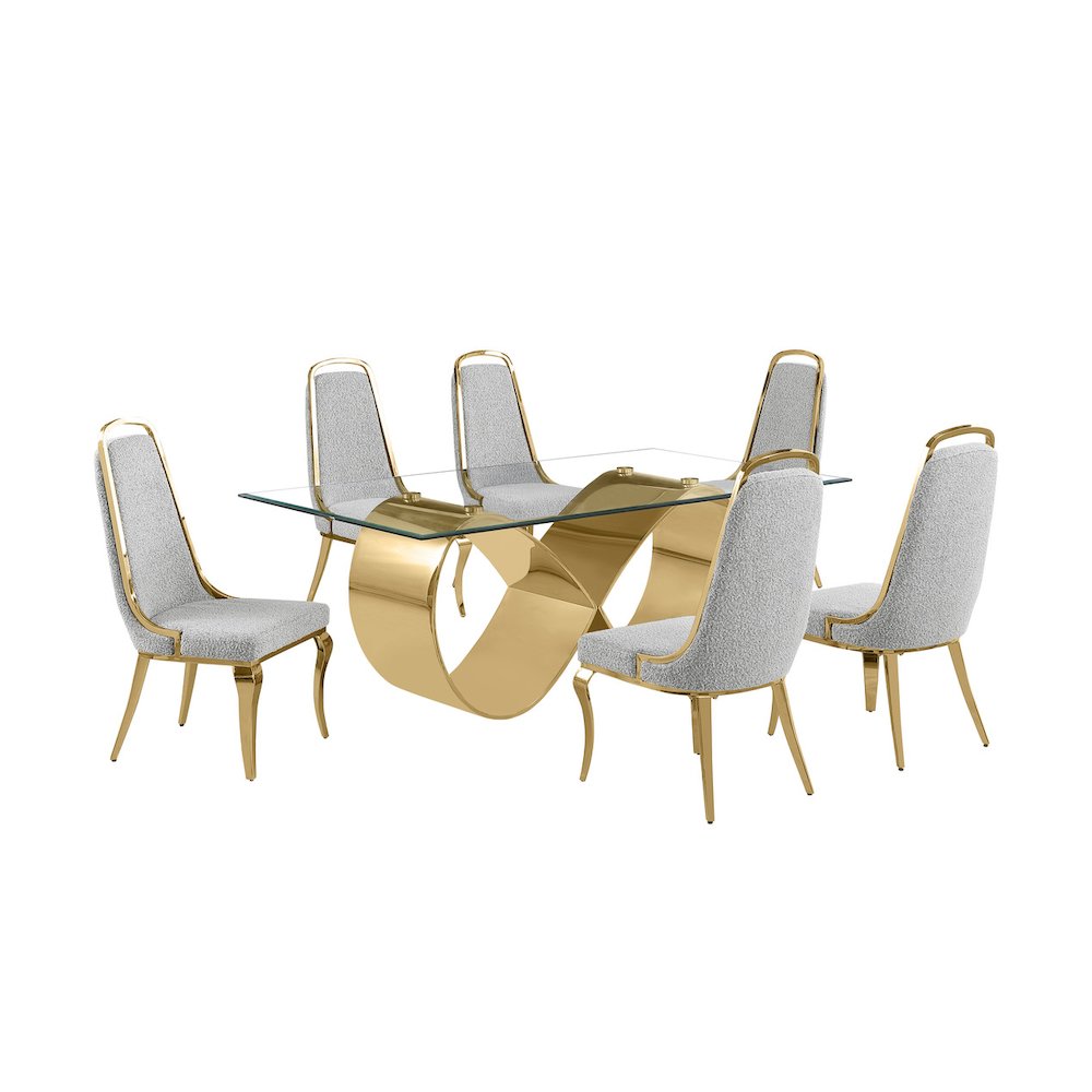 7Pc Tempered Glass Dining Set 6 Rich Gray Boucle Side Chairs And A Gold Base