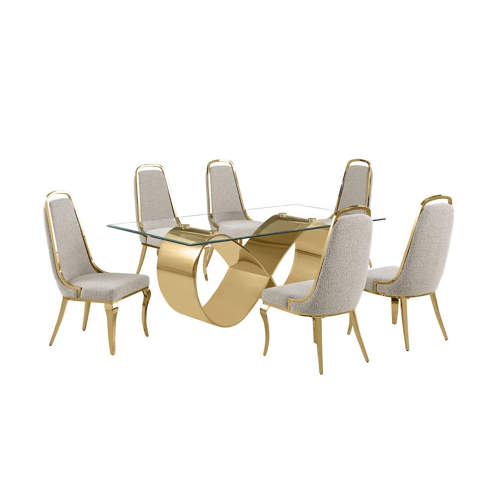 7Pc Tempered Glass Dining Set With 6 Gray Boucle Side Chairs And A Gold Base