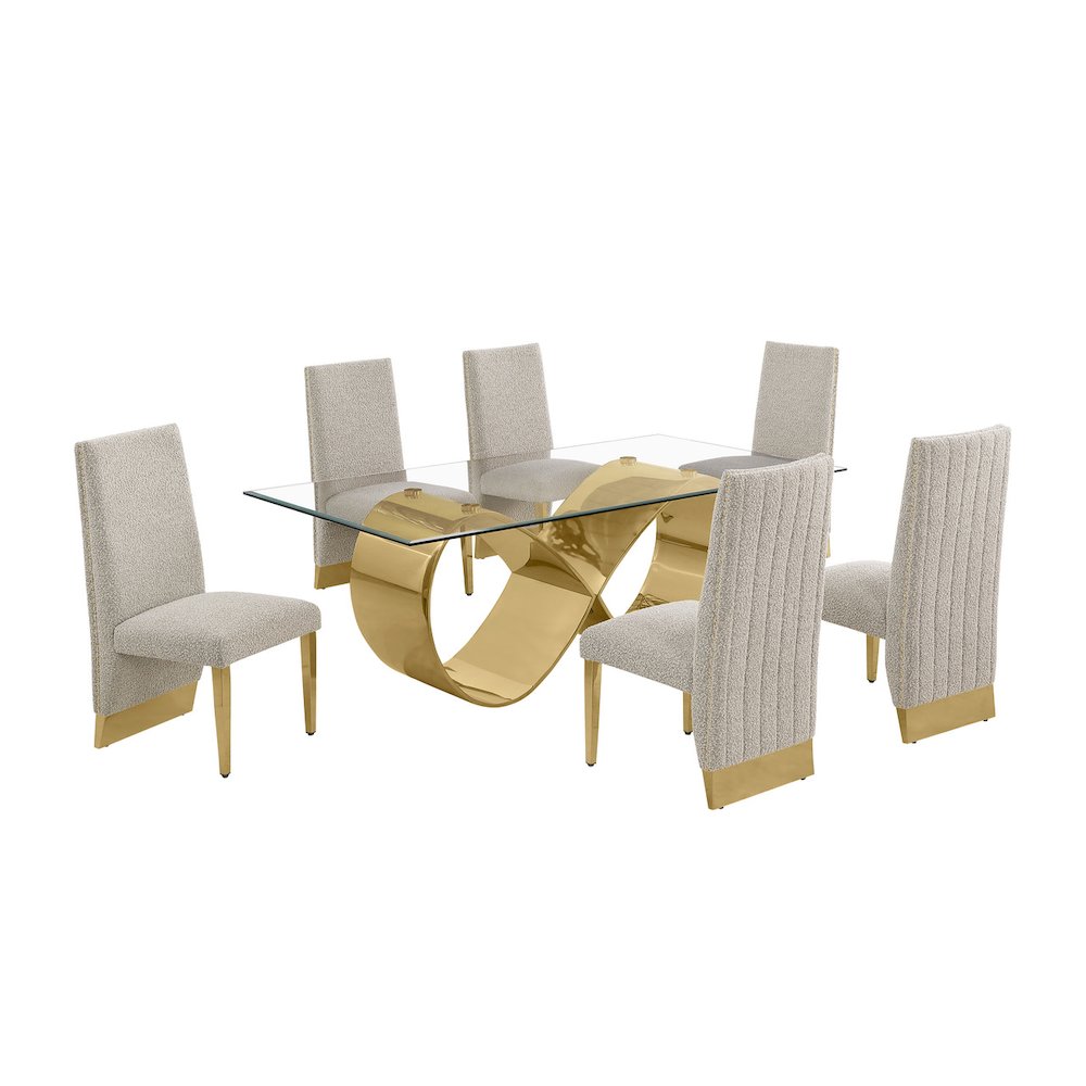 7Pc Tempered Glass Dining Set With 6 Gray Boucle Side Chairs And A Gold Base