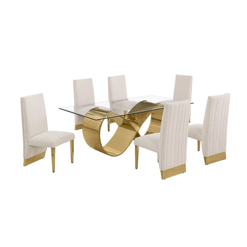 7Pc Tempered Glass Dining Set With 6 Cream Boucle Side Chairs And A Gold Base