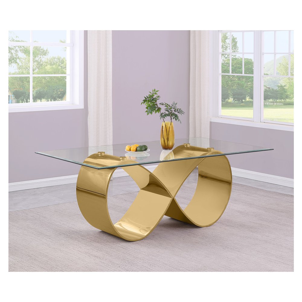 78X42 Tempered Glass Dining Table With An Infinity Gold Stainless Steel Base