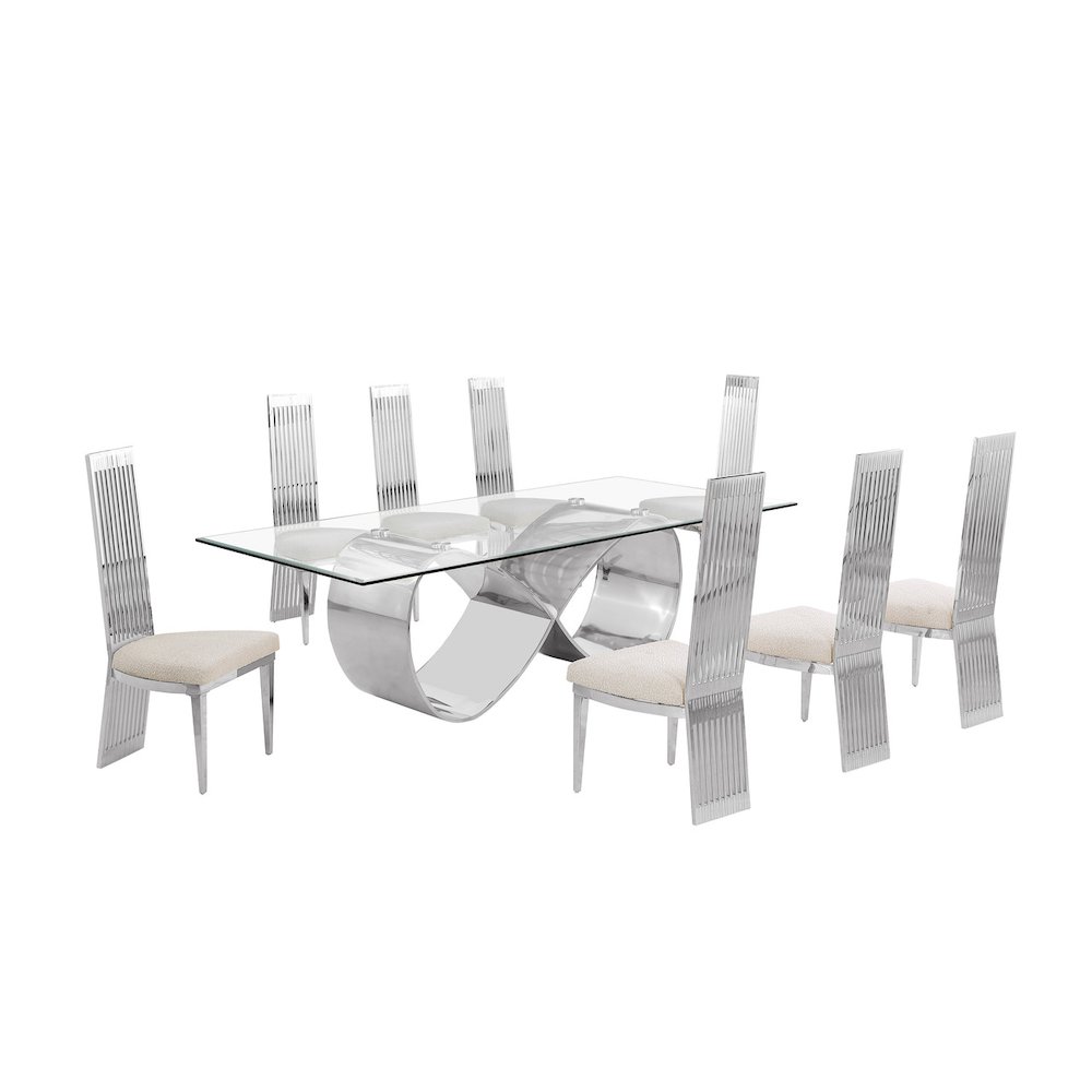 9Pc Tempered Glass Dining Set With 8 Cream Boucle Fabric Side Chairs