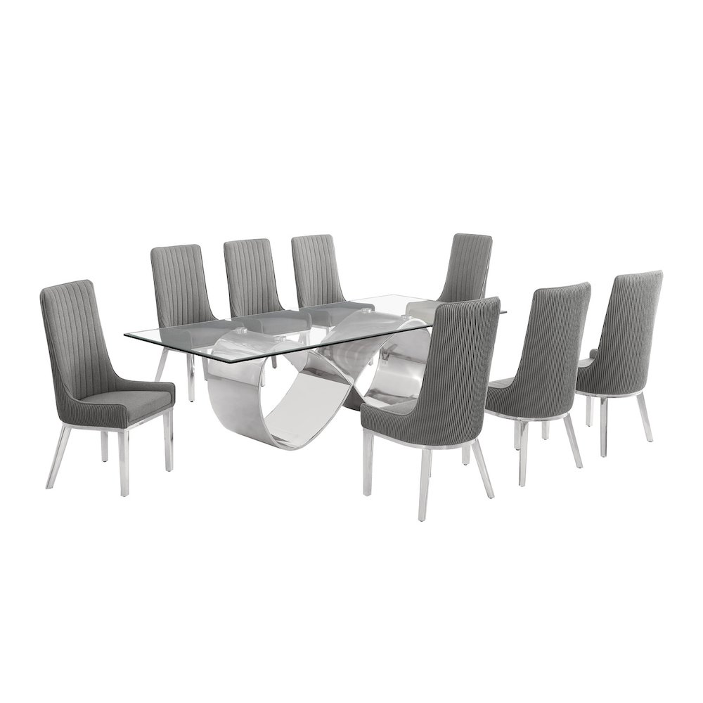 9Pc Tempered Glass Dining Set 8 Rich Gray Boucle Side Chairs And Silver Base