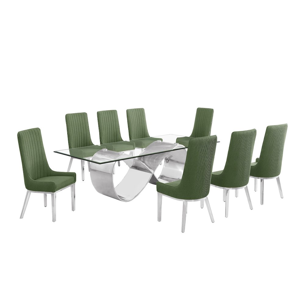 9Pc Tempered Glass Dining Set With 8 Gray Boucle Side Chairs And Silver Base