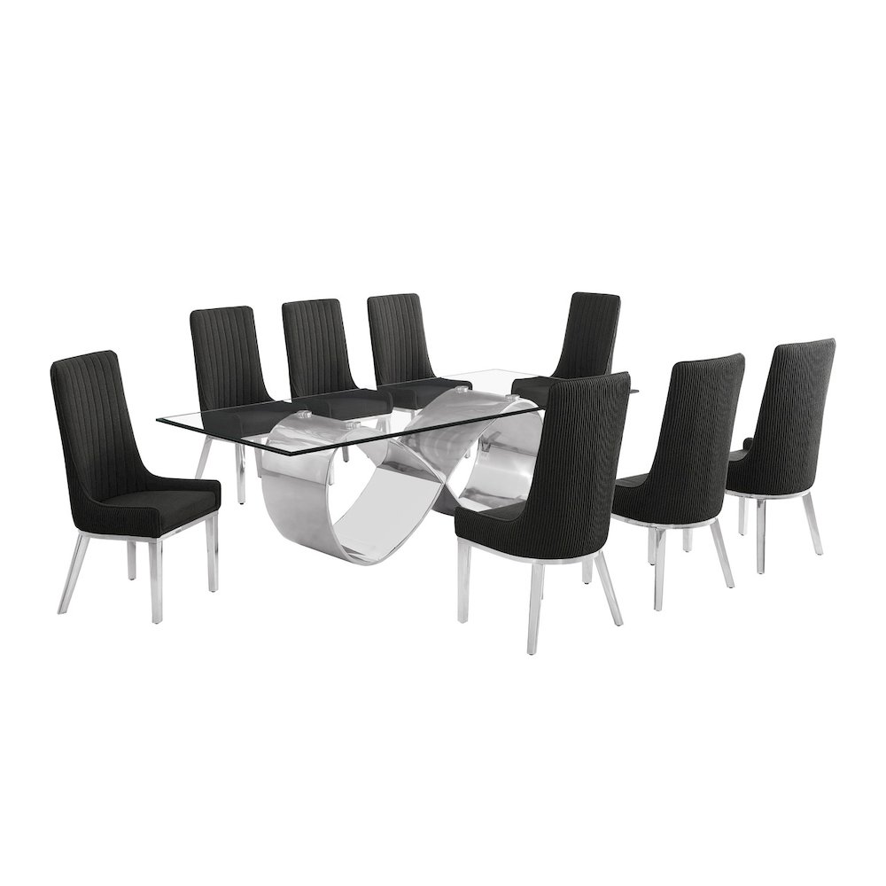 9Pc Tempered Glass Dining Set 8 Black Boucle Side Chairs And Silver Base