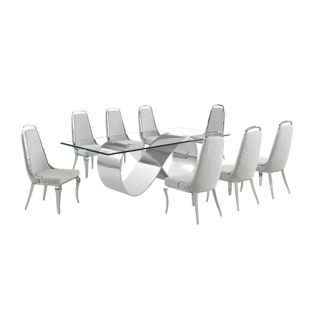 9Pc Tempered Glass Dining Set 8 Rich Gray Boucle Side Chairs And A Silver Base