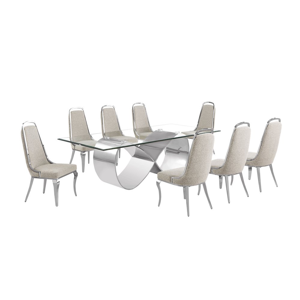 9Pc Tempered Glass Dining Set With 8 Gray Boucle Side Chairs And A Silver Base