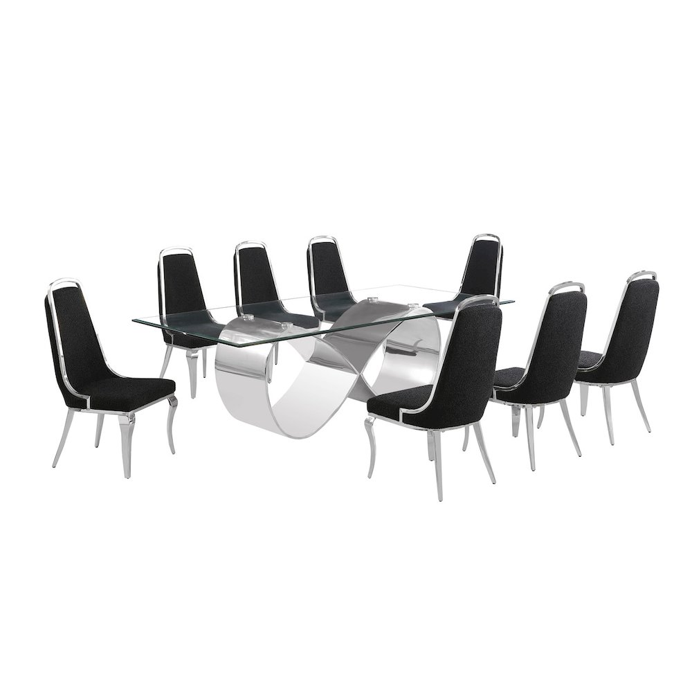 9Pc Tampered Glass Dining Set With 8 Black Boucle Side Chairs And A Silver Base