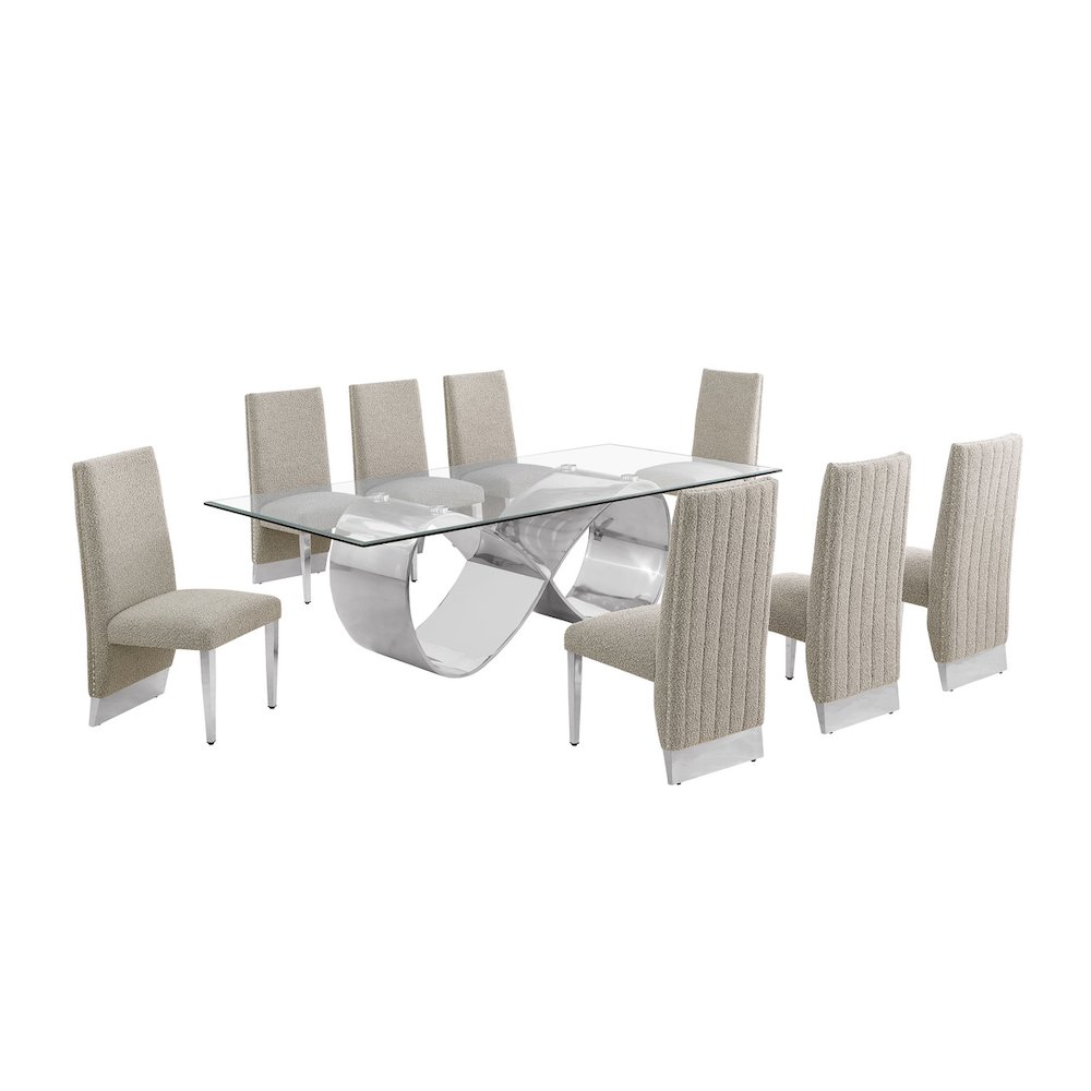 9Pc Tempered Glass Dining Set With 8 Gray Boucle Side Chairs And Silver Base
