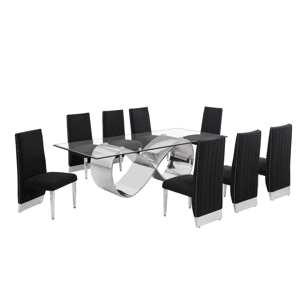 9Pc Tempered Glass Dining Set 8 Black Boucle Side Chairs And Silver Base