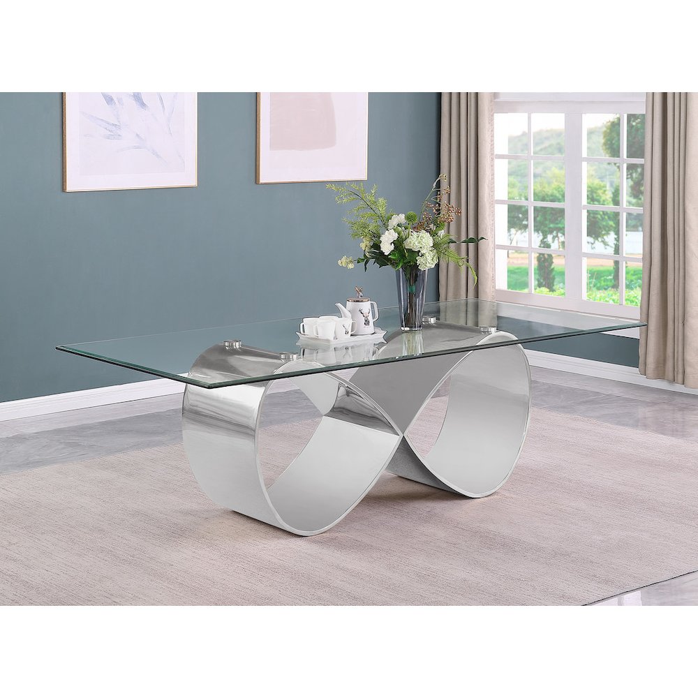 94X46 Tempered Glass Dining Table With An Infinity Silver Stainless Steel Base