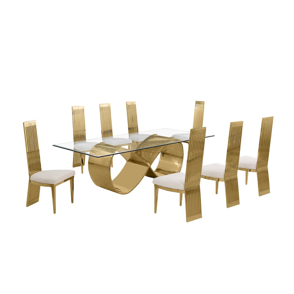 9Pc Tempered Glass Dining Set With 8 Cream Boucle Fabric Side Chairs
