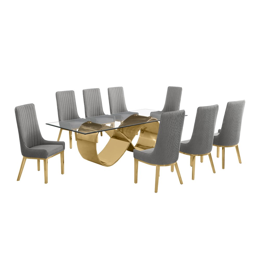 9Pc Tempered Glass Dining Set With 8 Dark Gray Boucle Side Chairs And Gold Base
