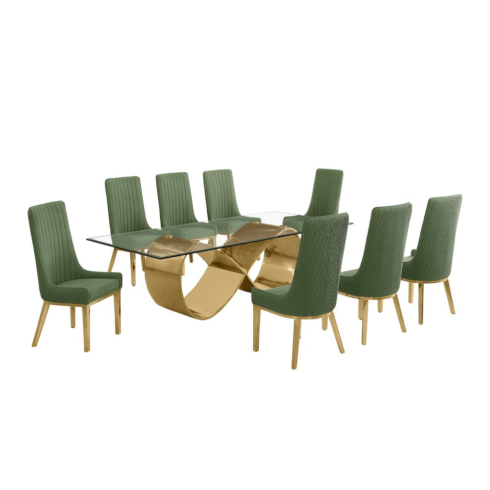 9Pc Tempered Glass Dining Set With 8 Green Boucle Side Chairs And Gold Base