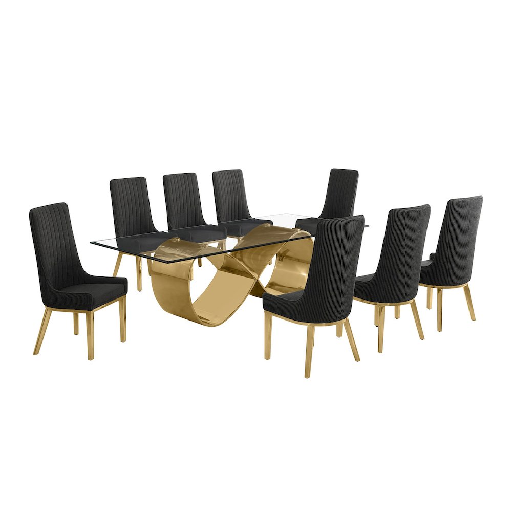 9Pc Tempered Glass Dining Set 8 Black Boucle Side Chairs And  Gold Base