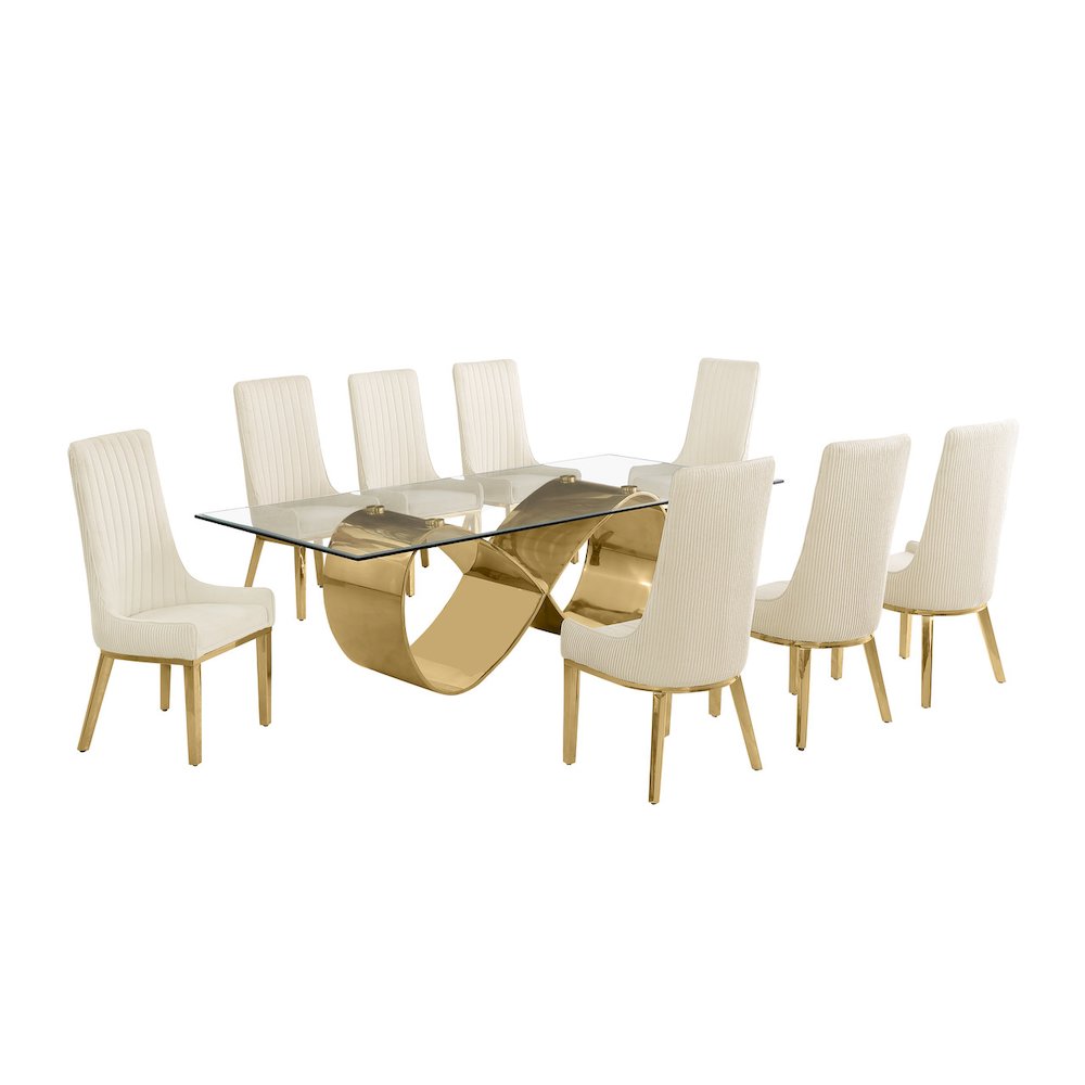 9Pc Tempered Glass Dining Set 8 Cream Boucle Side Chairs And Gold Base